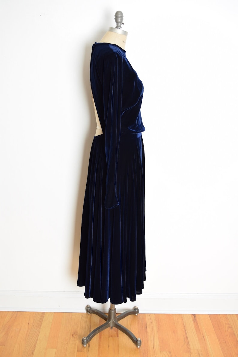 vintage 80s does 30s dress navy blue velvet backless cutout party gown XS S image 4