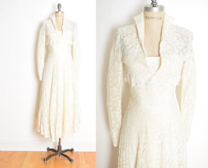 vintage 50s wedding dress cream lace strapless jacket set fit n flare party XS clothing image 1