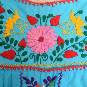 vintage 70s dress blue Mexican floral embroidered hippie boho mini cotton S clothing image 4