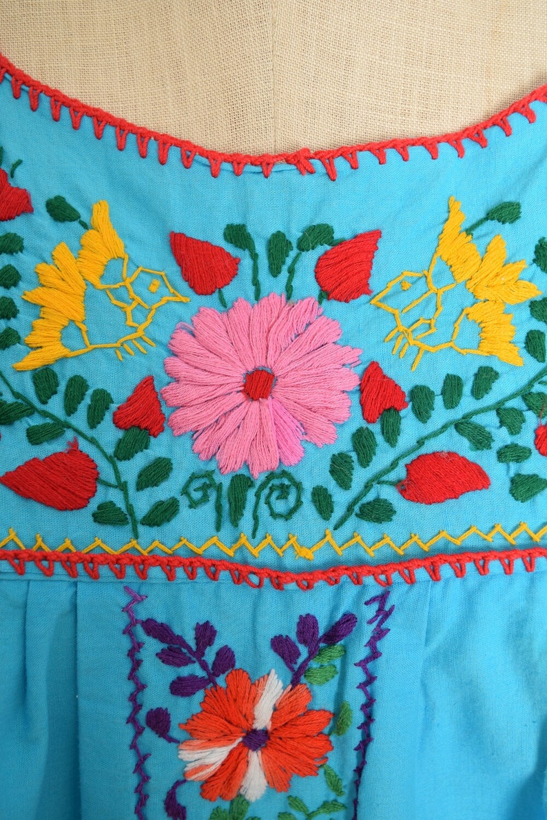 vintage 70s dress blue Mexican floral embroidered hippie boho mini cotton S clothing image 4