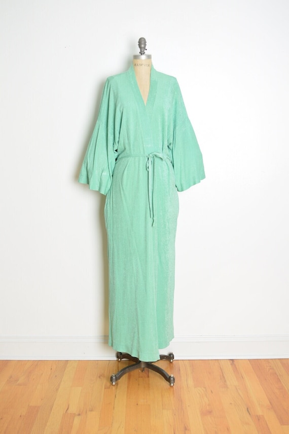 vintage 70s robe mint green terry cloth velour lon