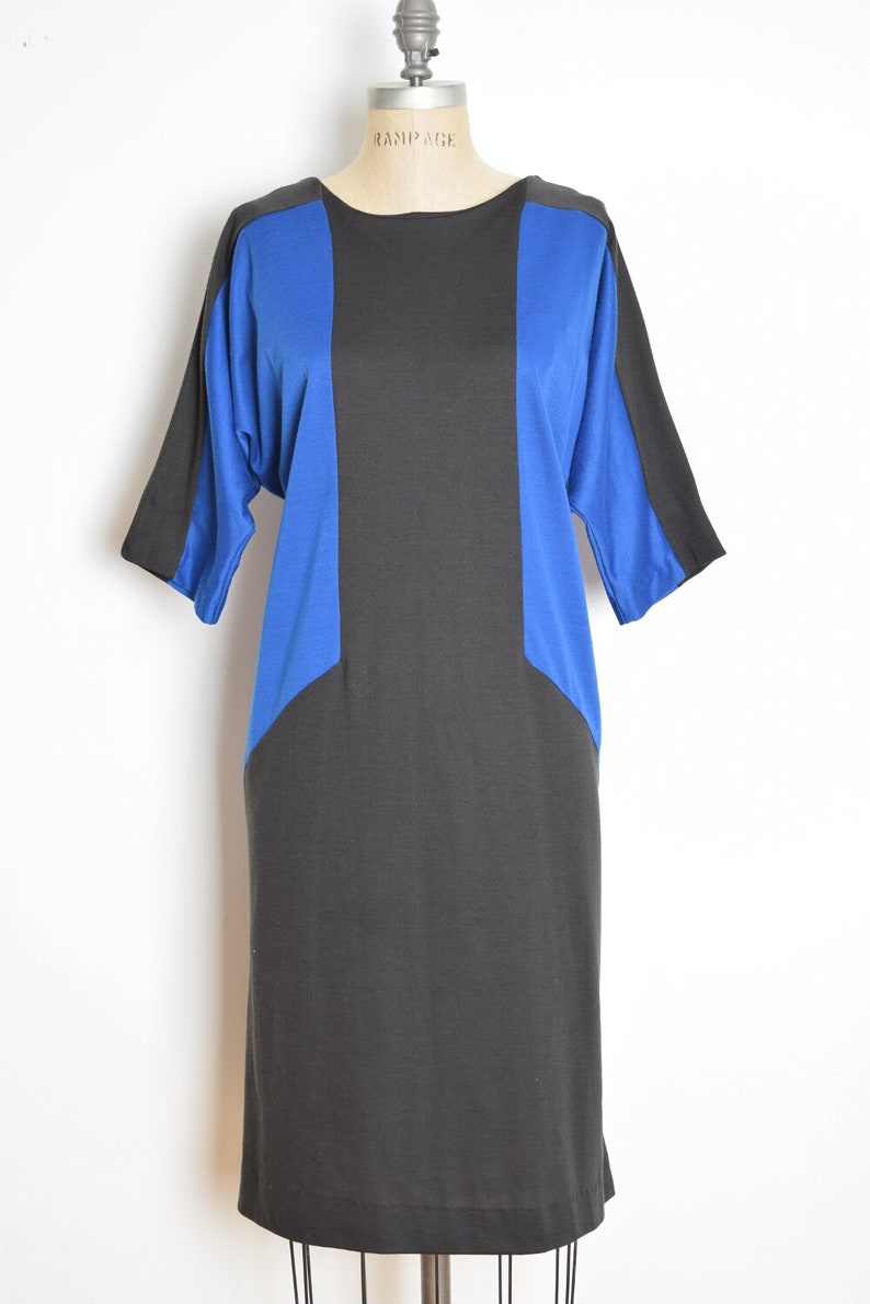 vintage 80s dress blue black color block space age mod dolman midi dress XL extra large clothing