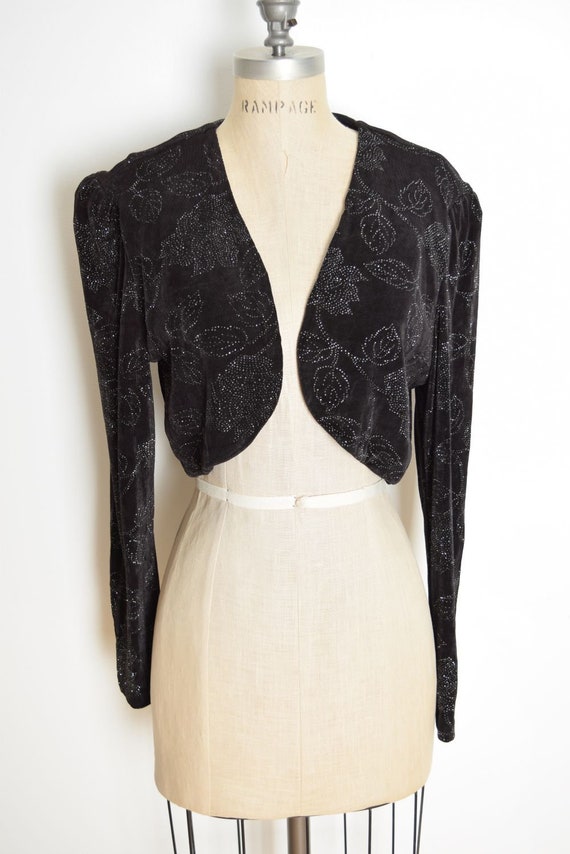 vintage 90s bolero jacket top black silver glitte… - image 3