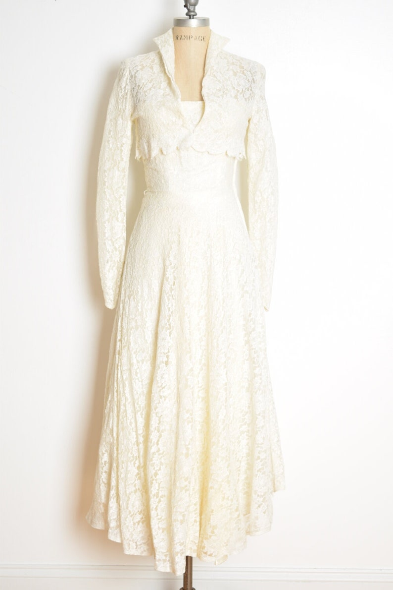 vintage 50s wedding dress cream lace strapless jacket set fit n flare party XS clothing image 2