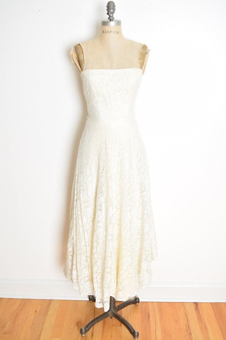 vintage 50s wedding dress cream lace strapless jacket set fit n flare party XS clothing image 10