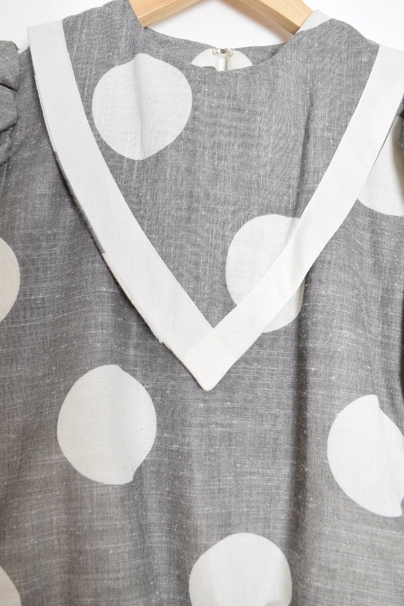 vintage 80s dress gray white polka dot print kinderwhore mini puff sleeve XS clothing image 3