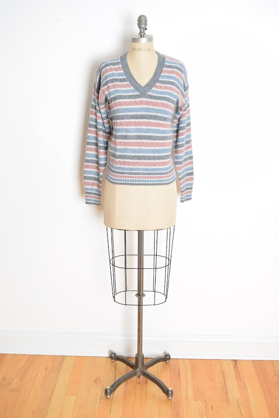 vintage 70s sweater mauve gray striped V neck jum… - image 1