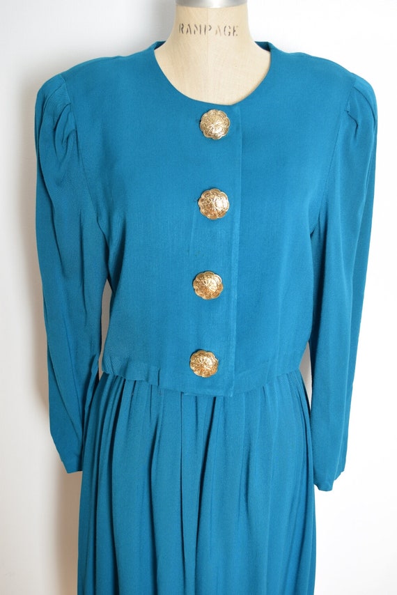 vintage 80s high waisted jacket skirt set teal cr… - image 3