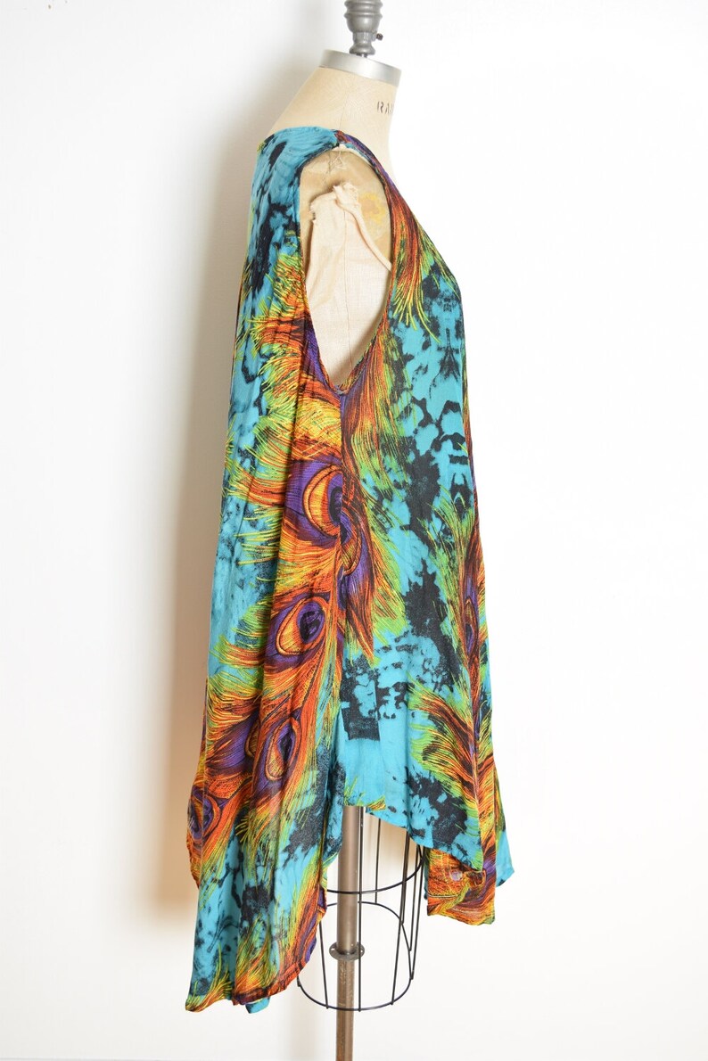 vintage 90s dress peacock feather print tie dye trapeze colorful hippie sun dress clothing image 5