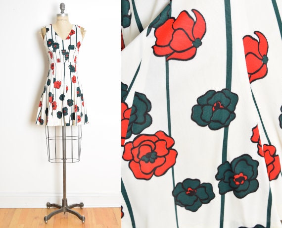 vintage 70s dress white red floral poppy print mo… - image 1