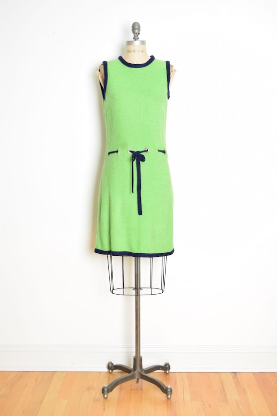 Abito vintage anni '60 verde navy mod boucle knit ritaglio twiggy