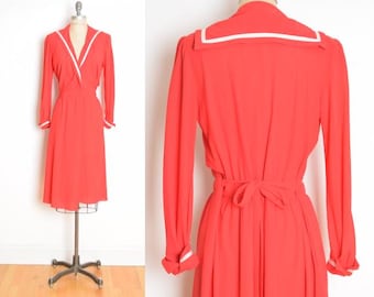 vintage 80s dress red rayon sailor collar wrap midi nautical M L