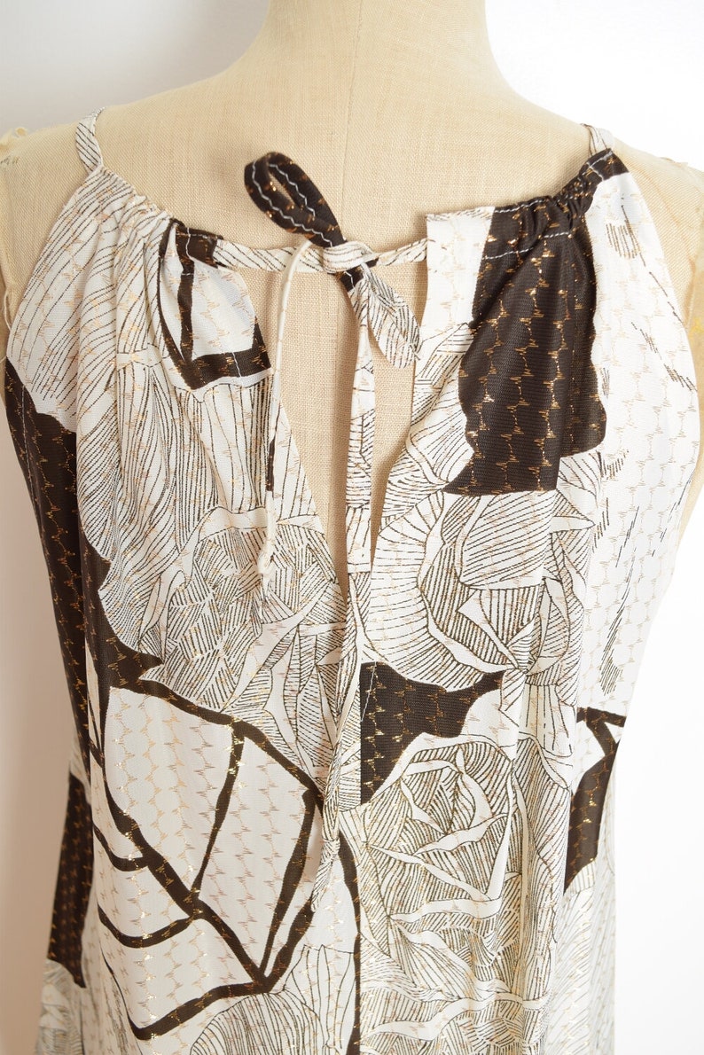 vintage 70s scarf dress white brown metallic floral print disco tunic mini L XL roses clothing image 7