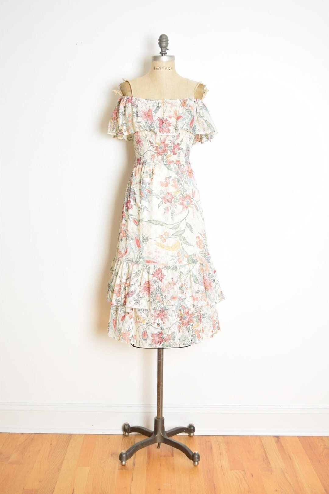Vintage 70s Dress Cream Floral Print Lace Crochet off Shoulder Hippie ...