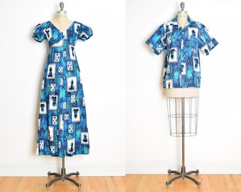 vintage 60s honeymoon set matching dress shirt Hawaiian print Hukilau blue XS M bark cloth outfit clothing