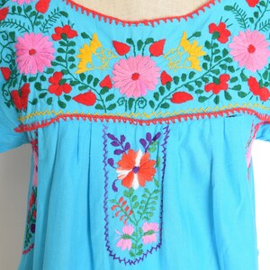 vintage 70s dress blue Mexican floral embroidered hippie boho mini cotton S clothing image 3