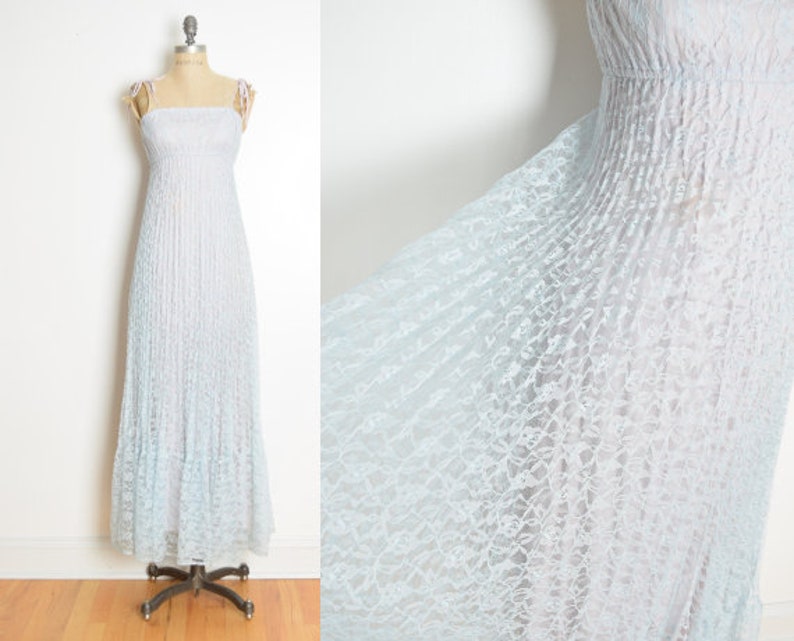 vintage 70s sun dress blue lace empire waist long maxi prom party hippie boho XS clothing image 1