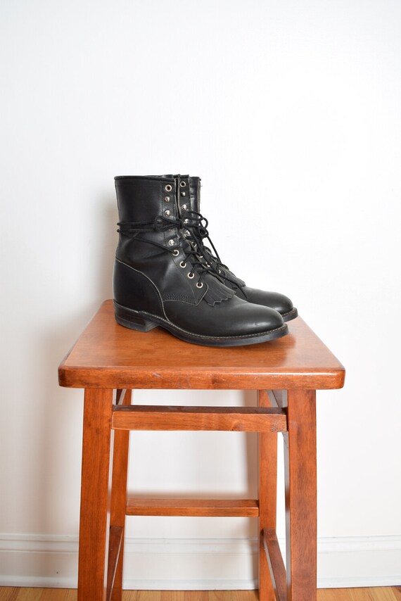 vintage 70s boots black leather Justin kiltie rope