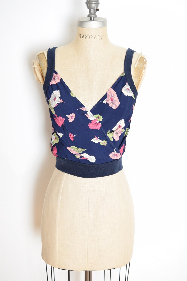 vintage 90s top navy blue rayon floral print grunge shirt blouse crop top tank S small clothing