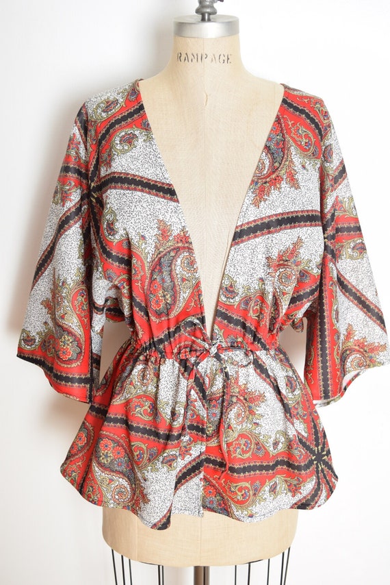 vintage 70s top jacket scarf print bell sleeve ki… - image 3