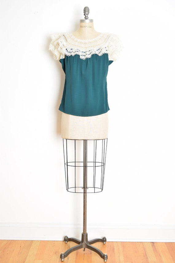 vintage 30s 40s top teal rayon crepe cream crochet