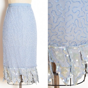 vintage 80s skirt blue silk sequin beaded high waisted leaves trophy XS S clothing
