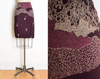 vintage 70s skirt plum graphic tree print high waisted rayon purple XS clothing