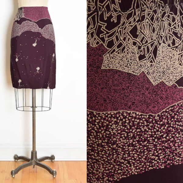 vintage 70s skirt plum graphic tree print high waisted rayon purple XS clothing