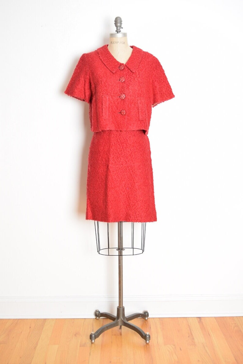 vintage 60s skirt suit jacket set red boucle wool mohair outfit secretary set L clothing image 1