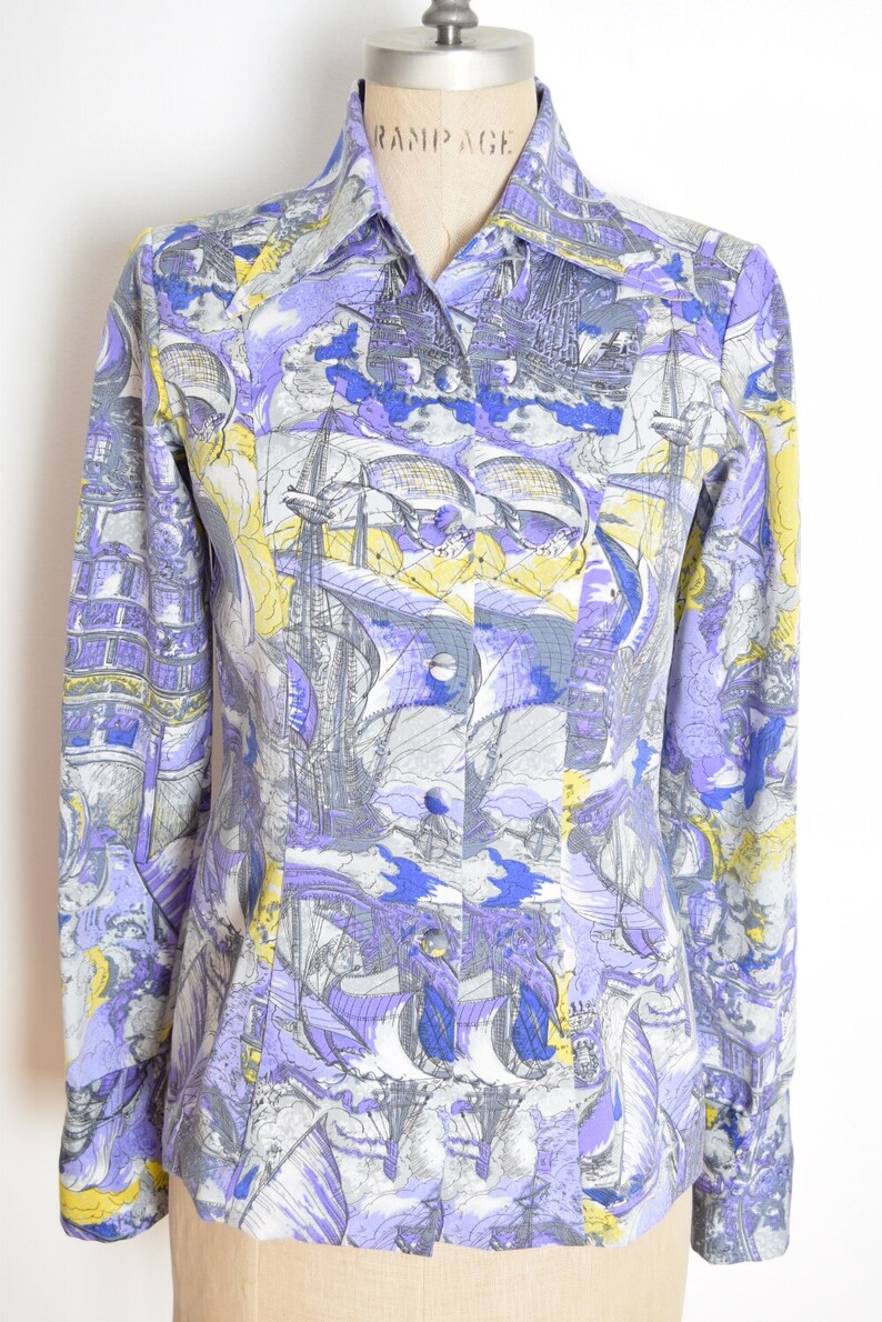 vintage 70s blouse disco shirt ship boat novelty print top purple pointy collar clothing S image 3