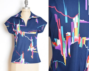 vintage 70s top navy blue abstract city print polo top shirt blouse S M clothing