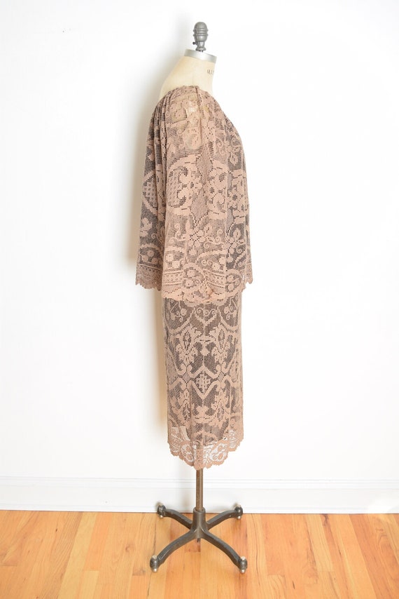 vintage 70s skirt top set brown crochet peasant h… - image 5