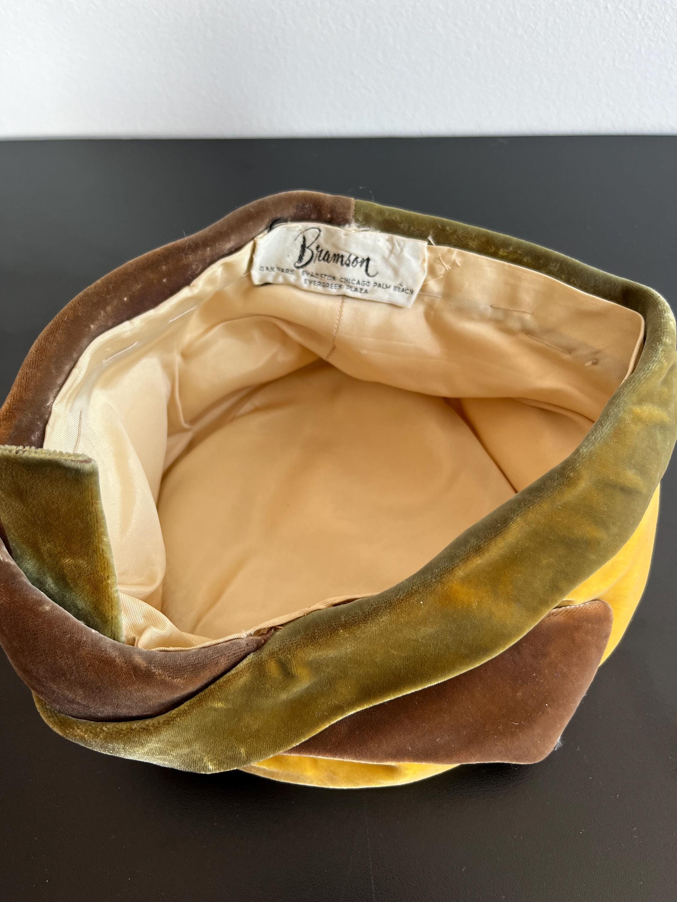 Vintage 60s Hat Mustard Yellow Velvet Cloche Pillbox Flapper 