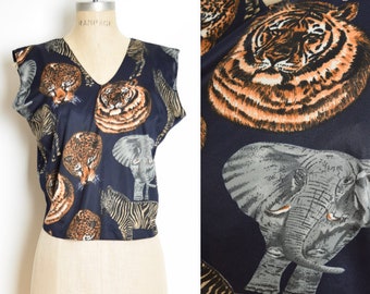 vintage 70s top navy blue African animal cats print tank top shirt blouse L clothing