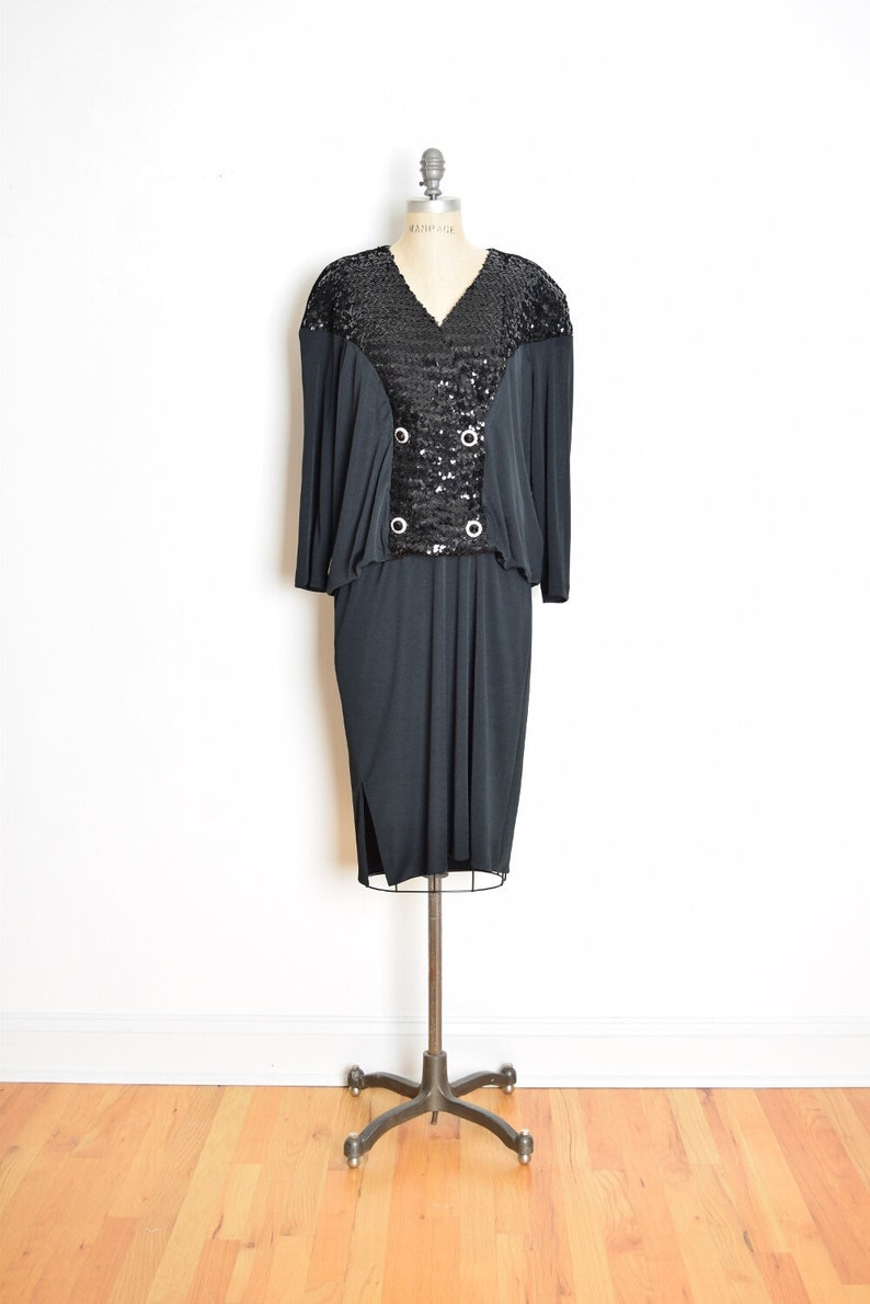 vintage 80s dress black sequin drop waist flapper gatsby sailor midi dress XL clothing image 1