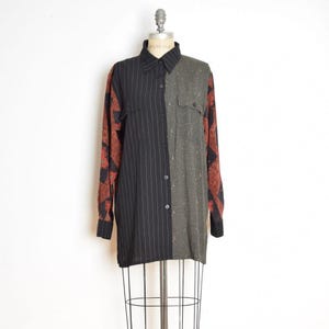 vintage 90s top patchwork button up shirt blouse oversized black gray rust L XL
