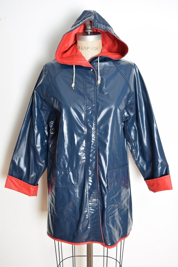 vintage 70s 80s raincoat navy blue red vinyl shiny sl… - Gem