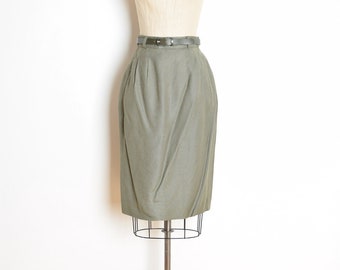 vintage 80s pencil skirt olive green rayon slim secretary narrow belted skirt M clothing
