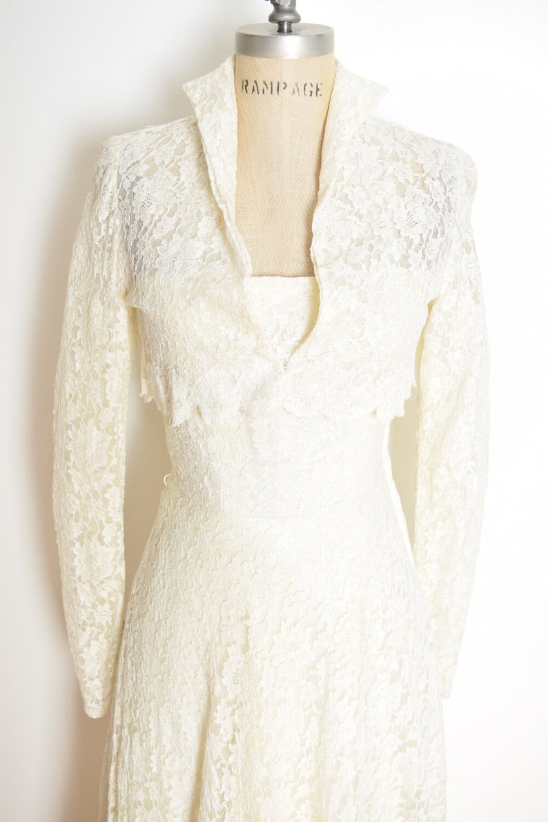 vintage 50s wedding dress cream lace strapless jacket set fit n flare party XS clothing image 3