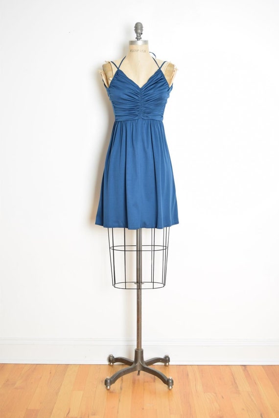 Orli Slinky Jersey Asymmetric Neckline Open Back Mini Dress in Midnight  Blue