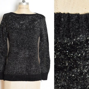 vintage 80s sweater black sparkly metallic jumper top shirt wide neckline S clothing