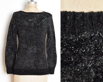 vintage 80s sweater black sparkly metallic jumper top shirt wide neckline S clothing