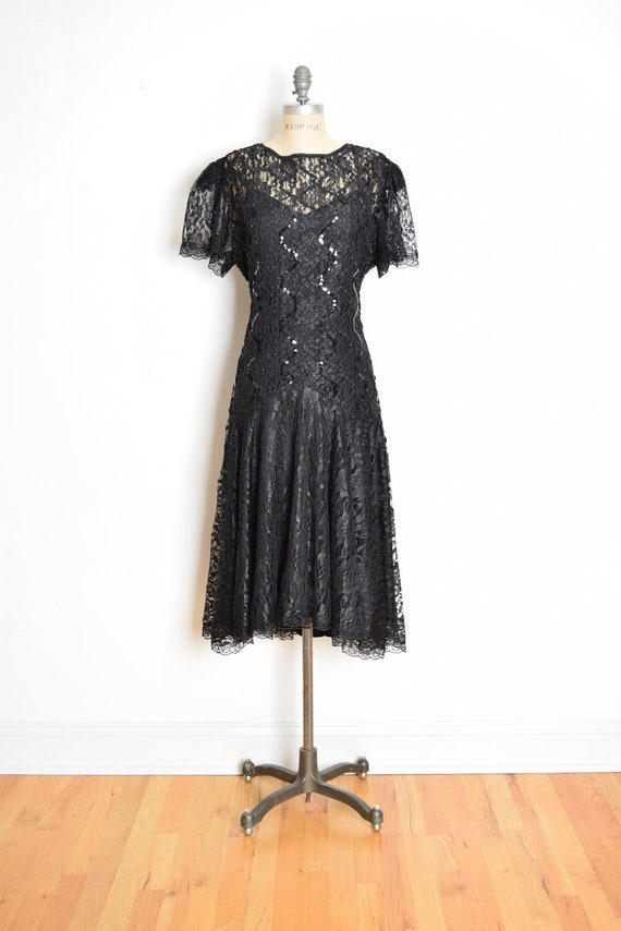 vintage 80s party dress black lace sequin witch fl