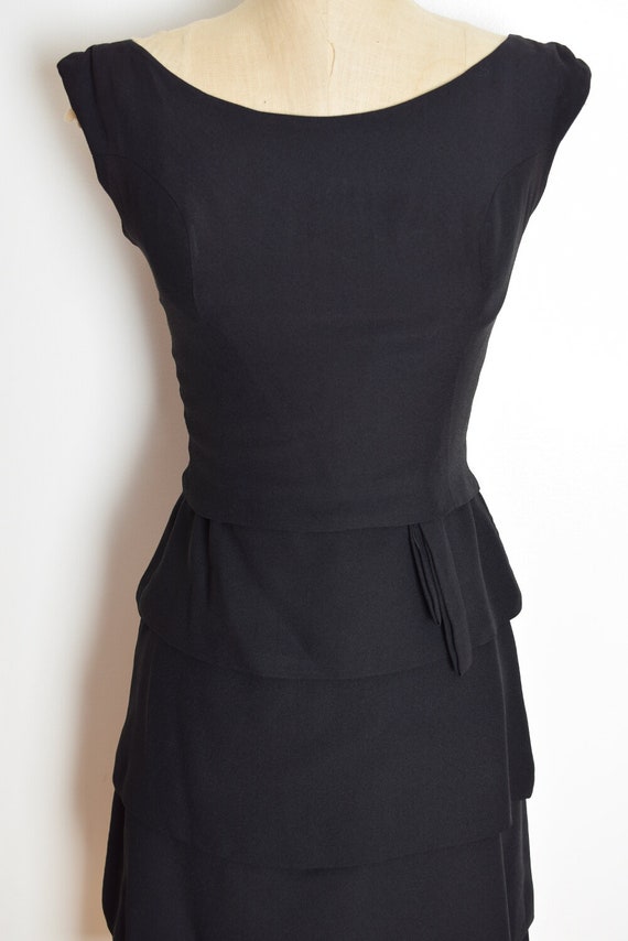 vintage 60s dress black crepe rayon tiered cockta… - image 3