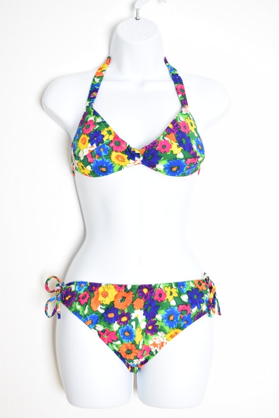 vintage 60s bikini swimsuit watercolor floral pri… - image 2