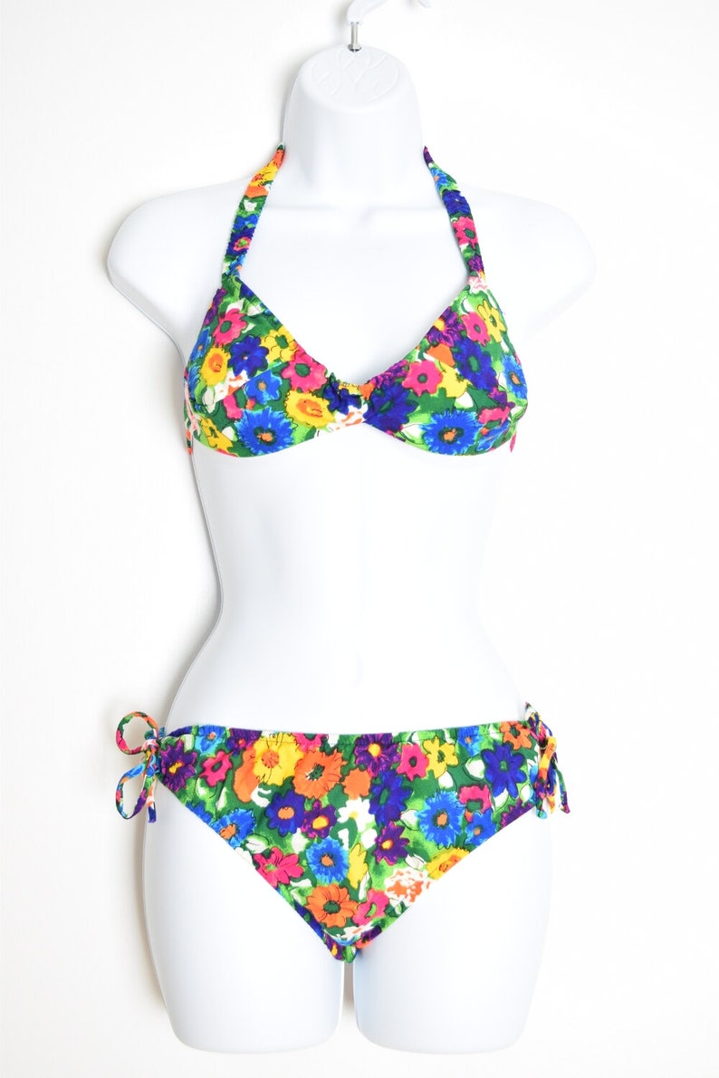 vintage 60s bikini swimsuit watercolor floral print two piece colorful mod XS S clothing image 2