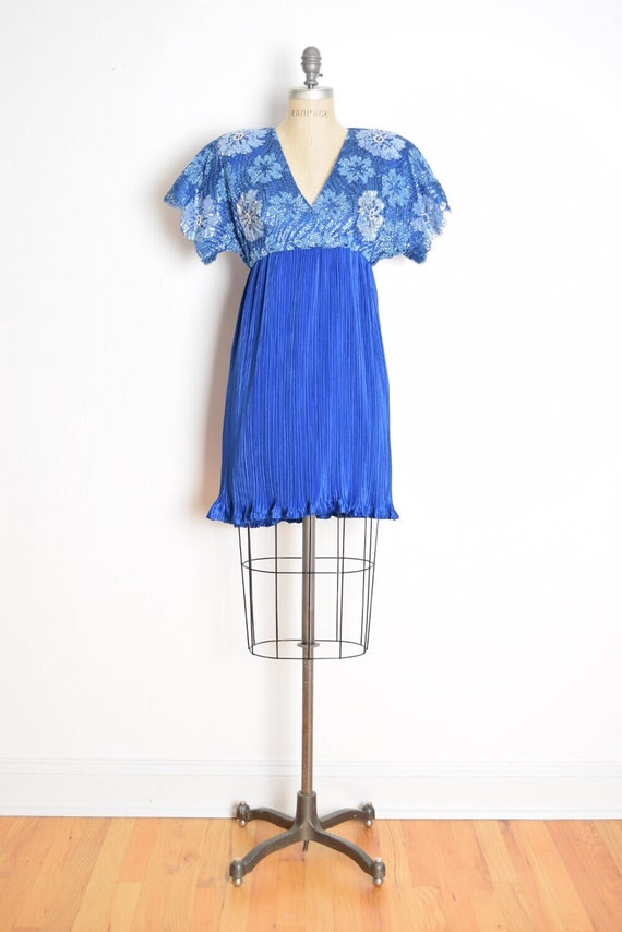 vintage 80s dress blue metallic lace pleated babyd