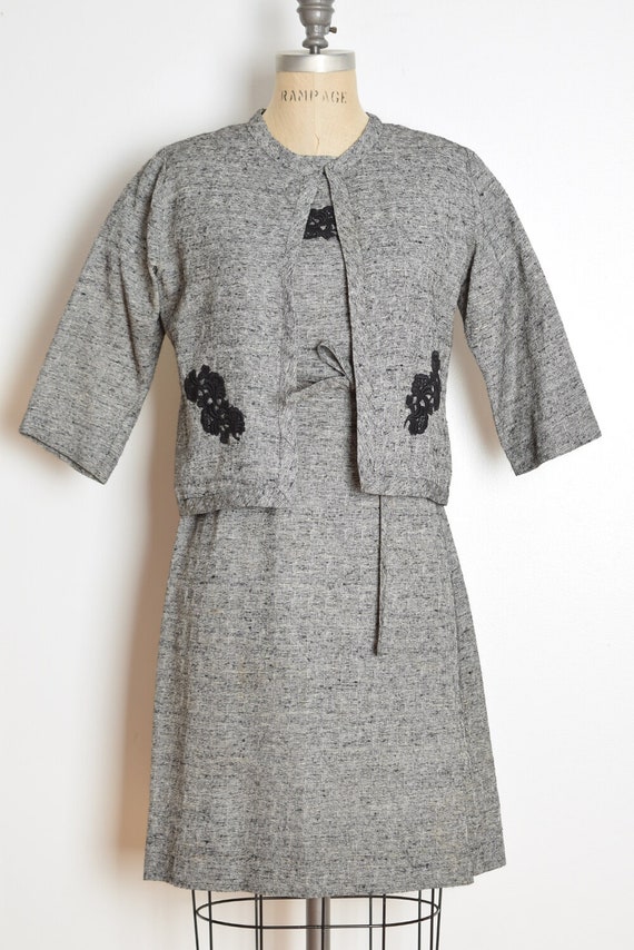 vintage 60s dress jacket set gray black crochet t… - image 4