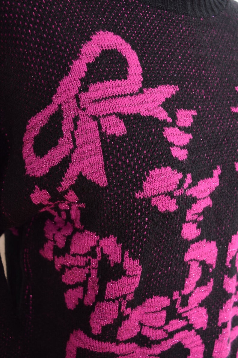 vintage 80s sweater black fuchsia sparkly metallic bows jumper top shirt M clothing image 3