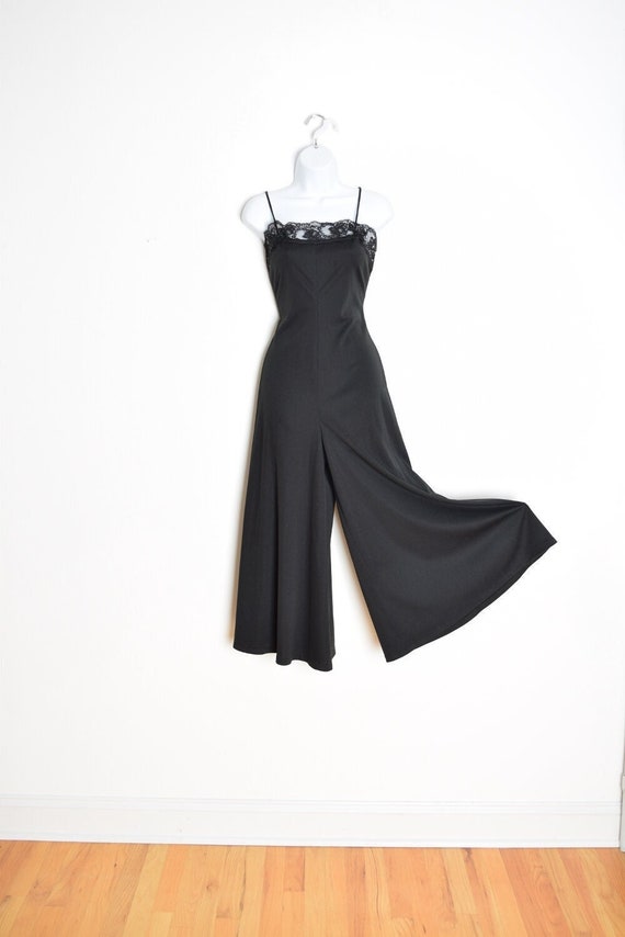 vintage 70s jumpsuit black wide leg palazzo lace one piece disco outfit romper S clothing
